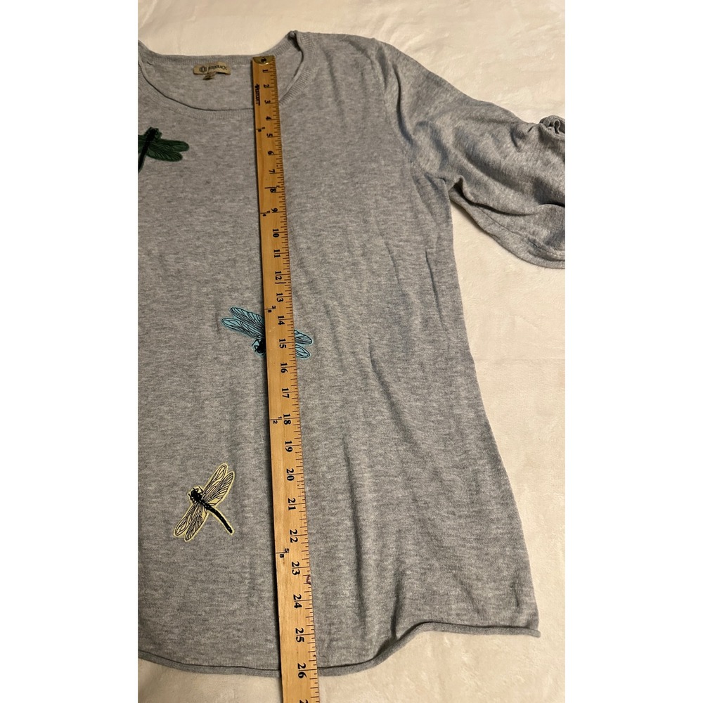 Democracy Womens Gray Dragonfly Embroidered Bell Sleeve Cotton Sweater Top L - Picture 14 of 15